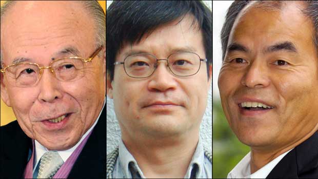 Isamu Akasaki (从左边), Hiroshi Amano (中心)和Shuji Nakamura在物理赢取了2014年诺贝尔奖